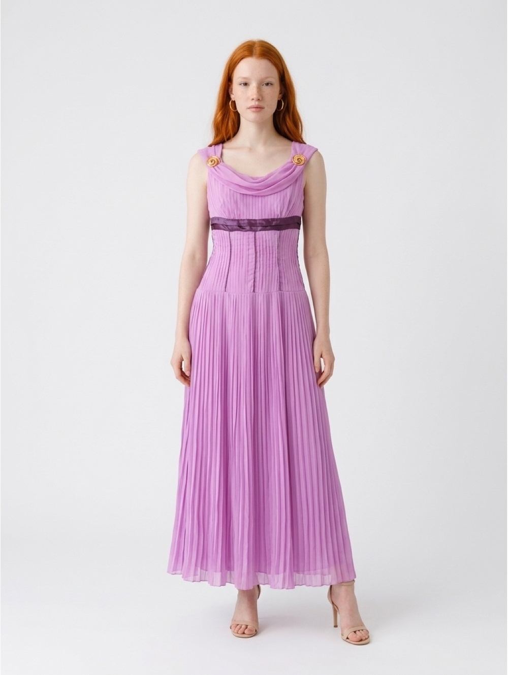 Womens Disney Megara Hercules Lavender Pleated Maxi Dress with Velvet Waistband